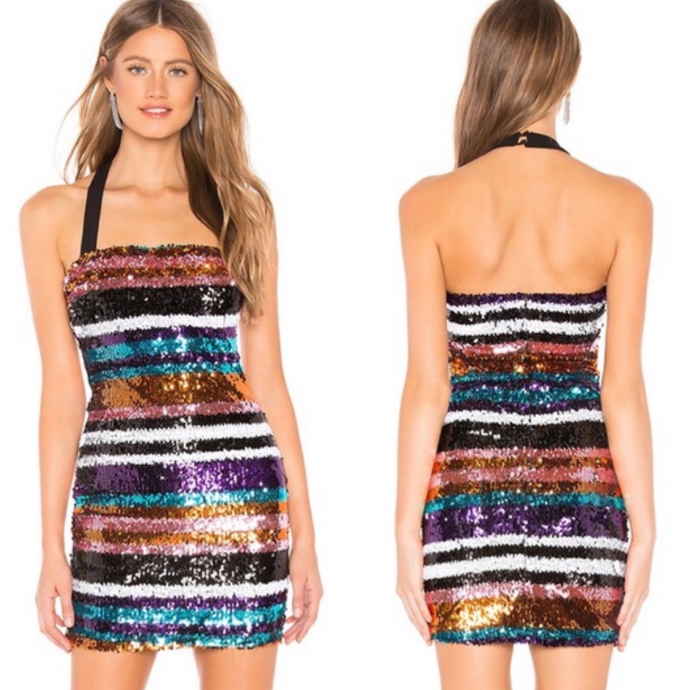 Revolve About Us sequin mini dress halter stripes rainbow prom bachelorette